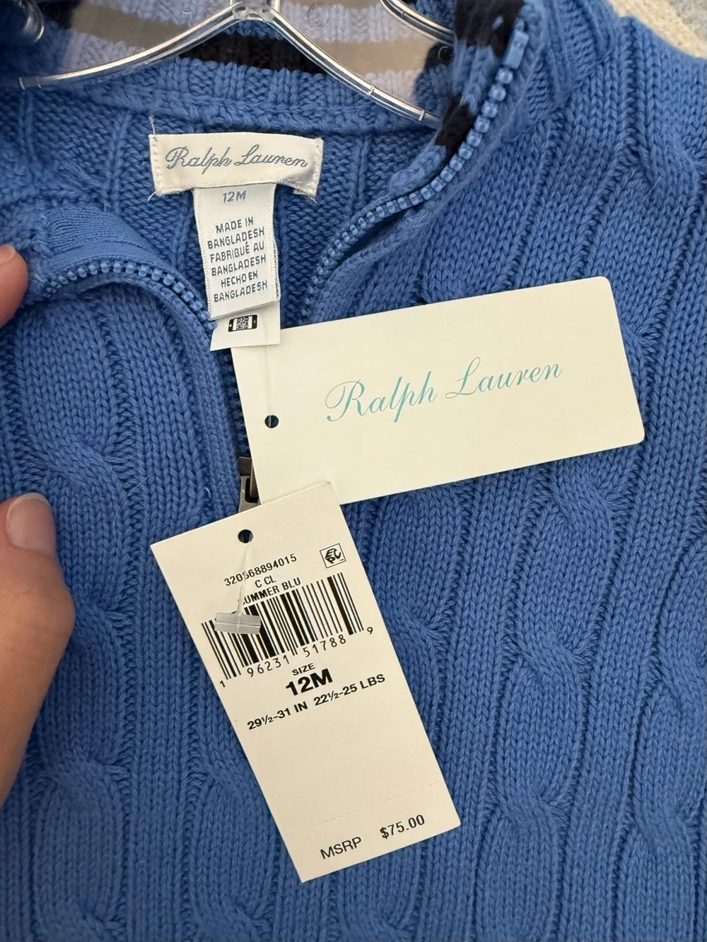Ralph Lauren Baby, Blue Cable-Knit Quarter-Zip Sweater size 12m NWT